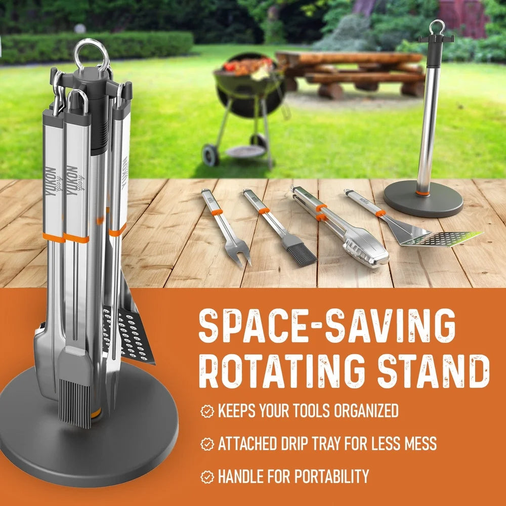 Stainless Steel BBQ Tool Set with Rotating Stand Drip Tray Spatula Tongs Fork Brush Portable Grill Kit