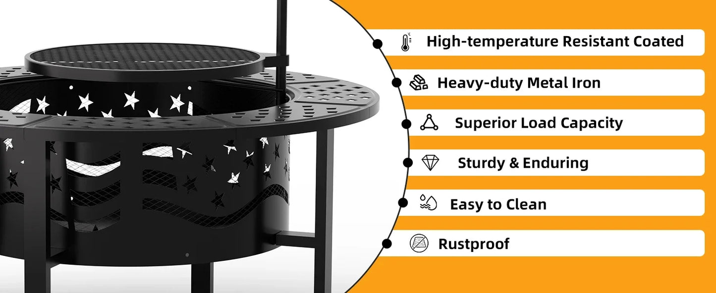 42 Inch Outdoor Fire Pit With Grills Wood Burning Large Round Heavy Duty Metal