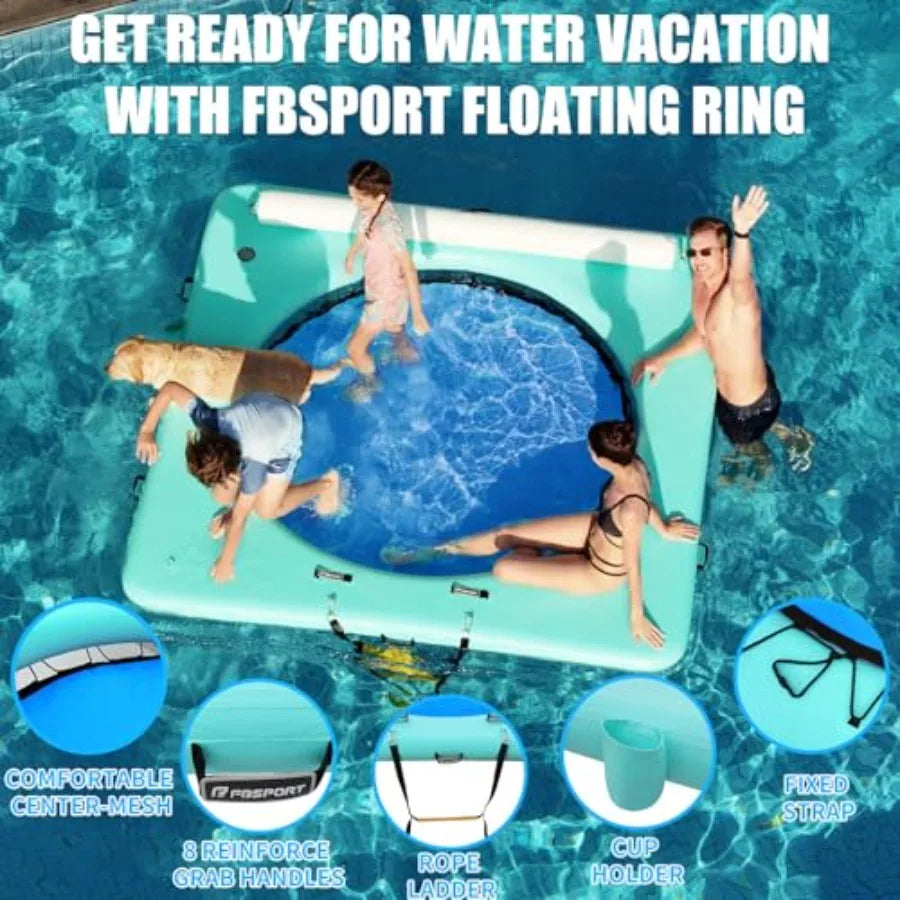Inflatable Round Water Hammock For Adults With Cupholder And Ladder Blue Float