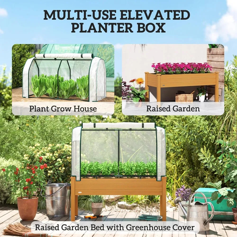 Raised Garden Bed With PE Greenhouse Cover Outdoor Elevated Planter Box