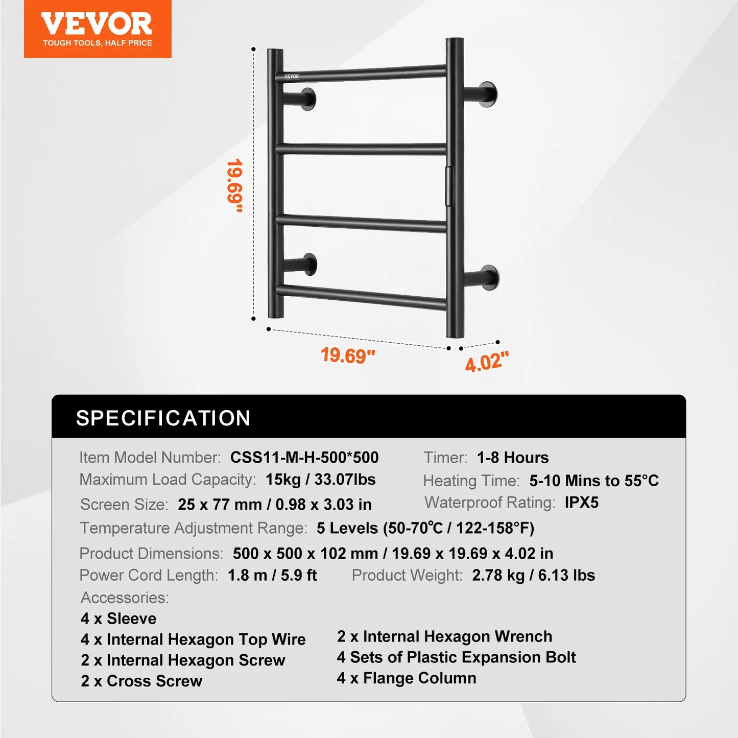 SucceBuy Wall Mounted Towel Warmer Rack 5 Levels IPX5