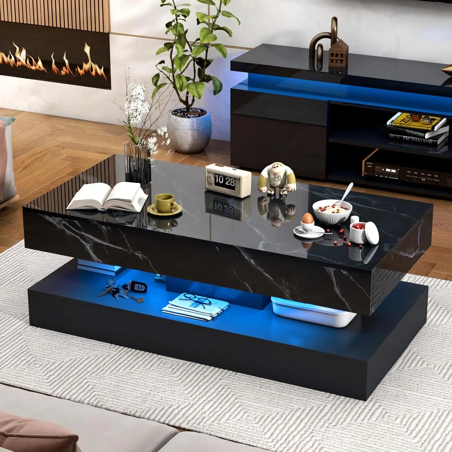 Modern Coffee Table With LED Lights And Storage Drawers