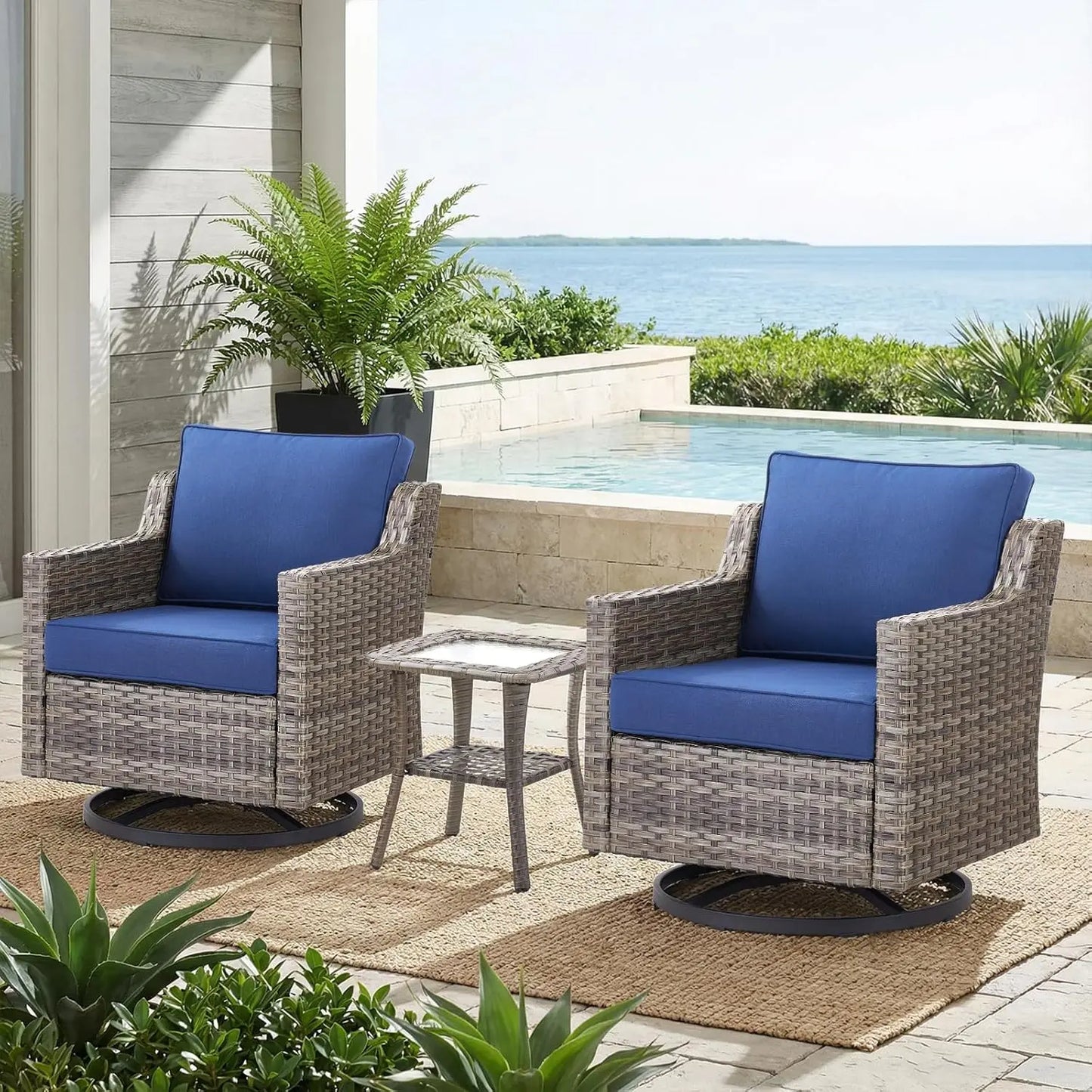 Swivel Rocker Wicker Chairs And Side Table Set All Weather Outdoor 3 Piece Beige