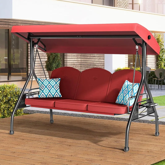 3 Seat Outdoor Porch Patio Swing With Stand 800 Lb 2 In 1 Convertible Swing Bed With Adjustable Canopy And Removable Cushion
