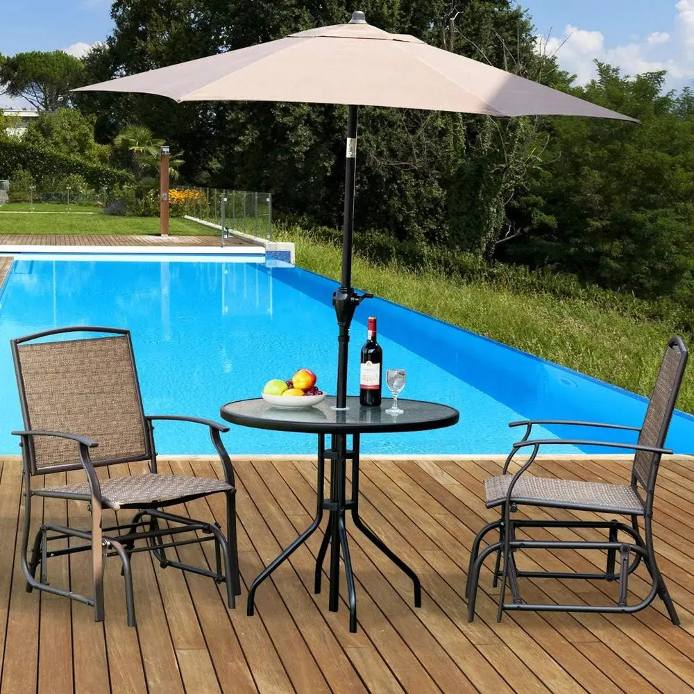 3 Piece Patio Swing Set With Glass Table Umbrella Hole And Rocking Chairs