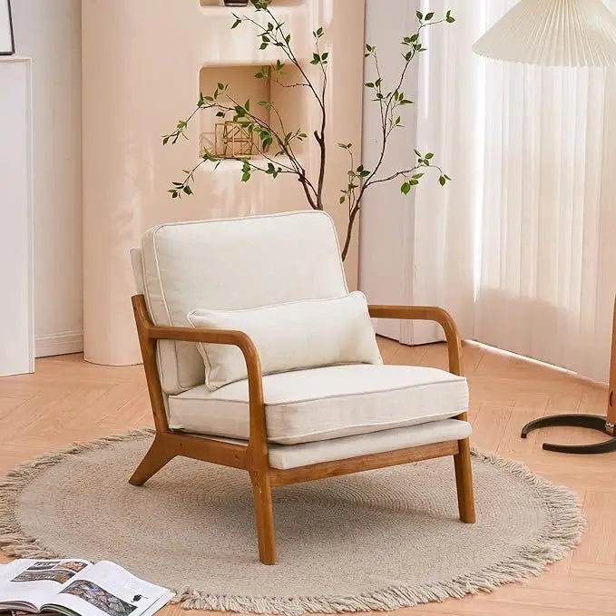 Mid Century Modern Corduroy Upholstered Lounge Armchair With Wood Frame