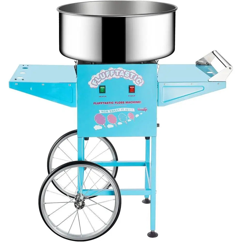 Cotton Candy Machine Cart 1000W Portable Floss Maker with Stainless Steel Pan Side Trays and 13 Inch Wheels for Parties and Events