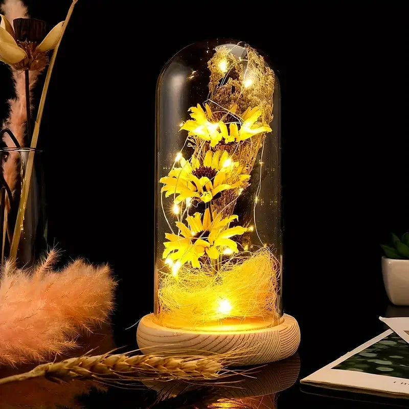 Sunflower Gifts for Women Artificial Sunflowers in Glass Dome with LED Strip Home Decor for Mother's Day and Valentine's Day