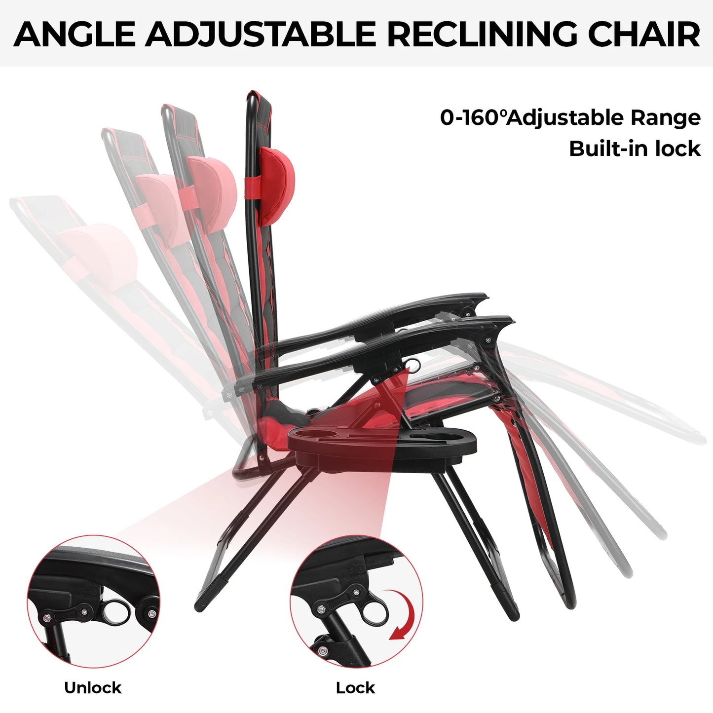 Padded Zero Gravity Lounge Chair Folding Patio Recliner with Adjustable Headrest and Cup Holder Support 160kg Sun Loungers