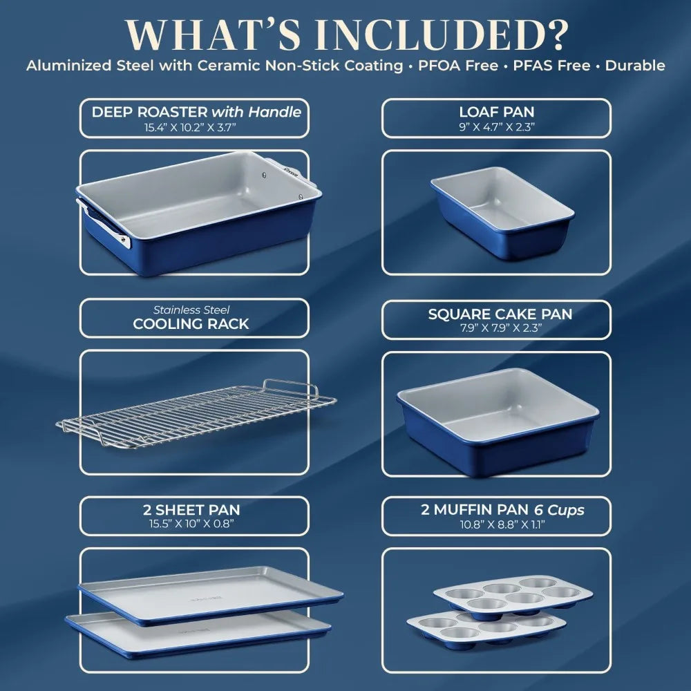 8 Piece Stackable Bakeware Set Ceramic Non Stick Oven Safe Baking Sheets and Pans PTFE PFOA PFOS Free with Cooling Rack