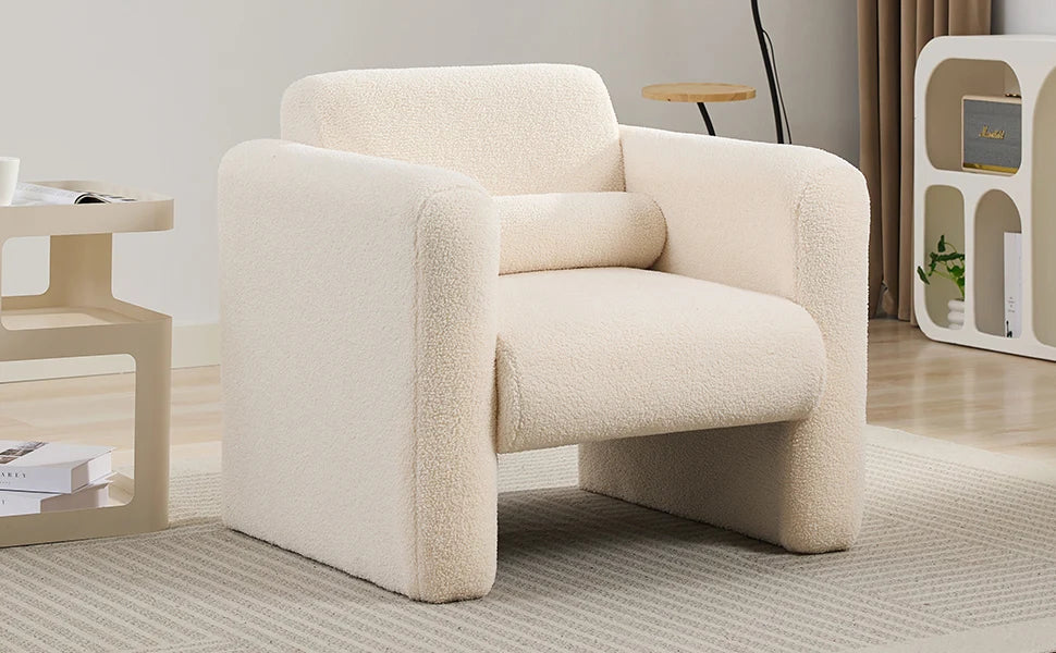 Modern Accent Chair Lambskin Sherpa Upholstered Reading Armchair With Pillow