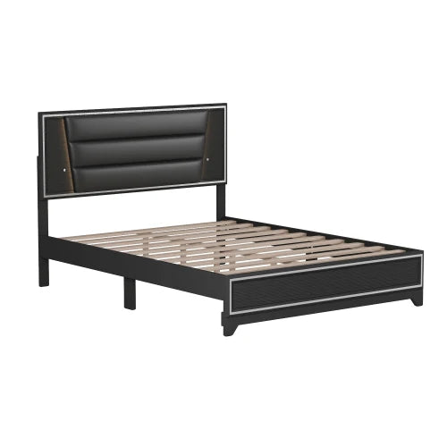 3 Piece Queen Size Upholstered Bed Set With LED Lights Nightstands And Dresser