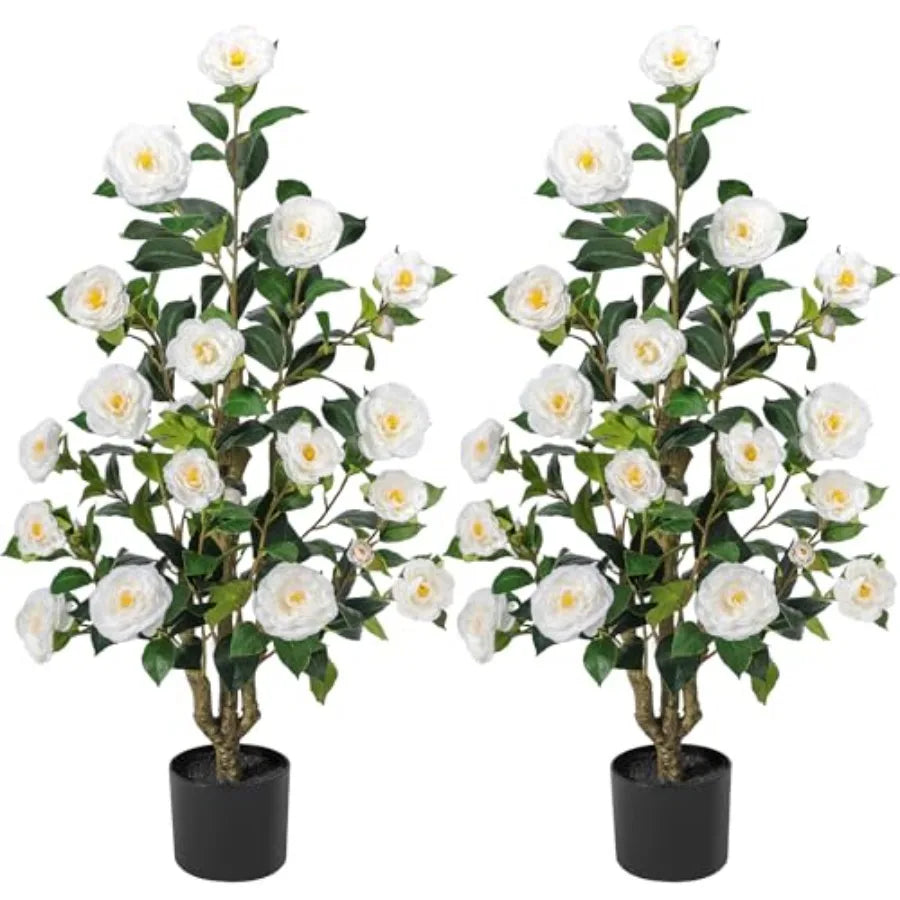 Artificial Camellia Tree 3.3 Ft Set Of 2 Blooming Flowers Natural Wood Trunk