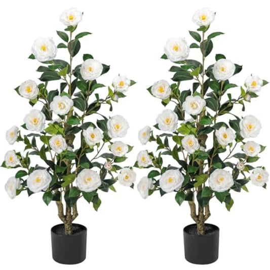 Artificial Camellia Tree 3.3 Ft Set Of 2 Blooming Flowers Natural Wood Trunk