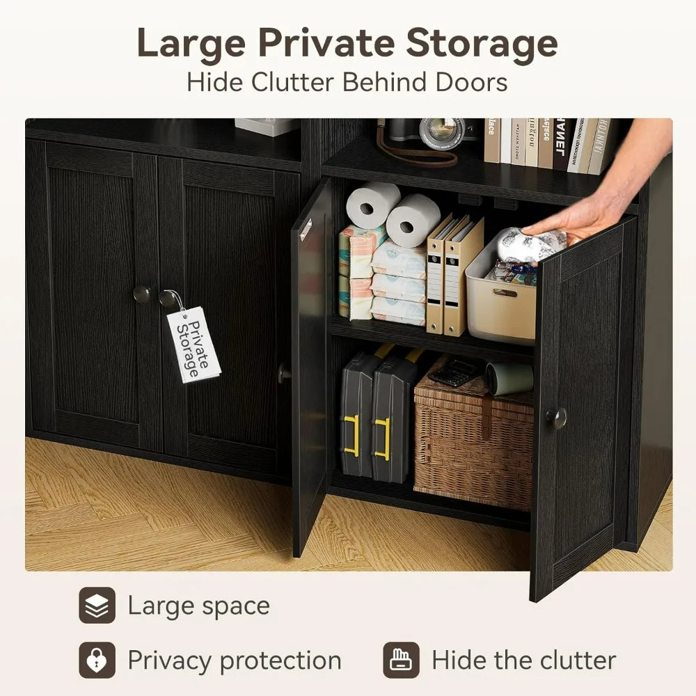 Casaottima Black 6 Tier Bookcase With Doors Floor Standing Home Office