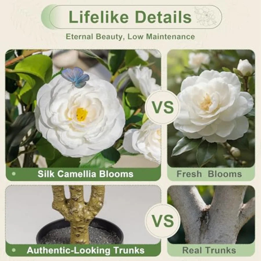 Artificial Camellia Tree 3.3 Ft Set Of 2 Blooming Flowers Natural Wood Trunk