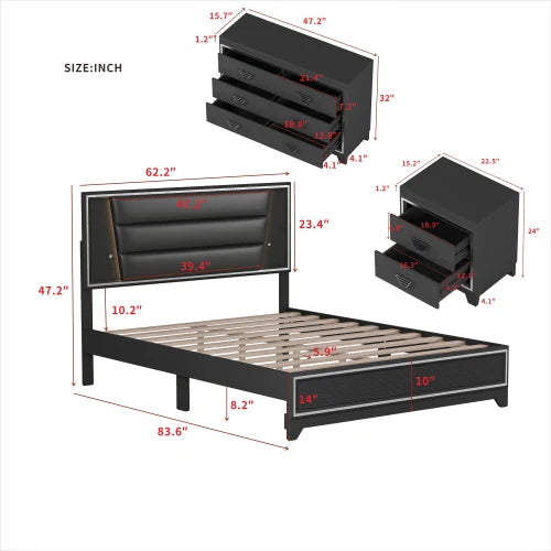 3 Piece Queen Size Upholstered Bed Set With LED Lights Nightstands And Dresser