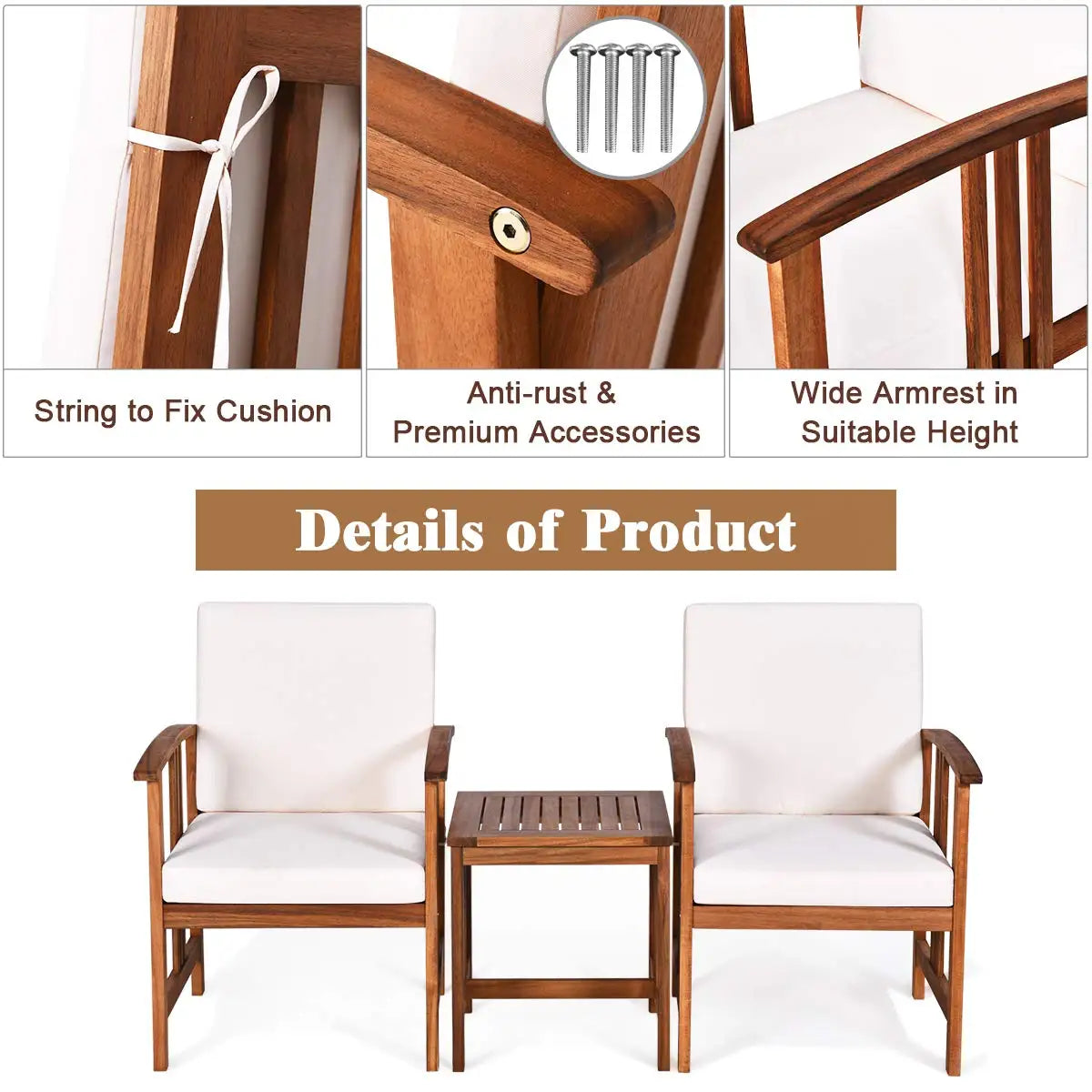 3 Piece Patio Furniture Set With Acacia Wood Cushioned Chairs And Coffee Table