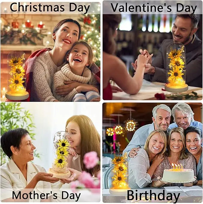 Sunflower Gifts for Women Artificial Sunflowers in Glass Dome with LED Strip Home Decor for Mother's Day and Valentine's Day