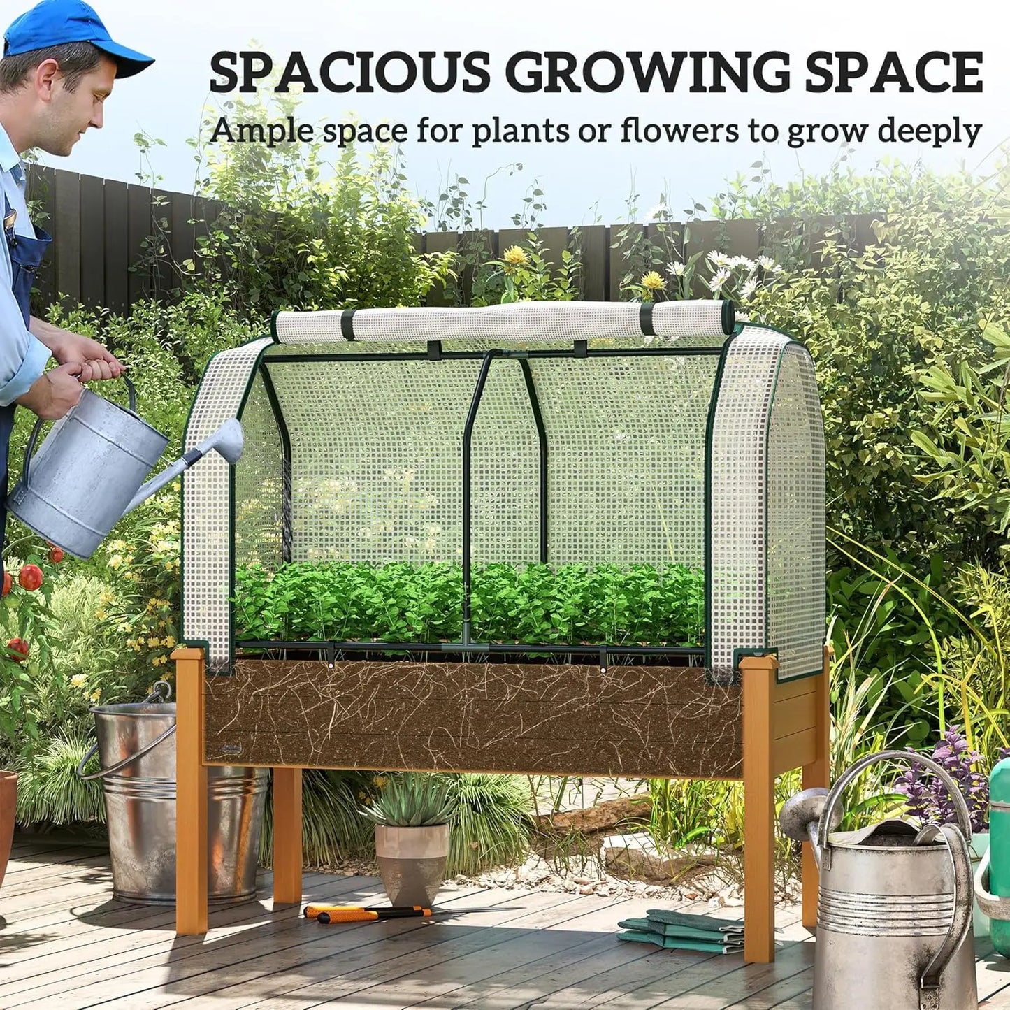 Raised Garden Bed With PE Greenhouse Cover Outdoor Elevated Planter Box
