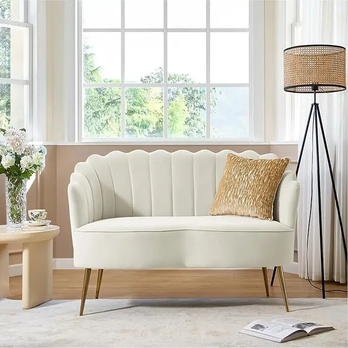 Modern Velvet Loveseat Sofa Two Seater With Flower Back And Gold Metal Legs Ivory