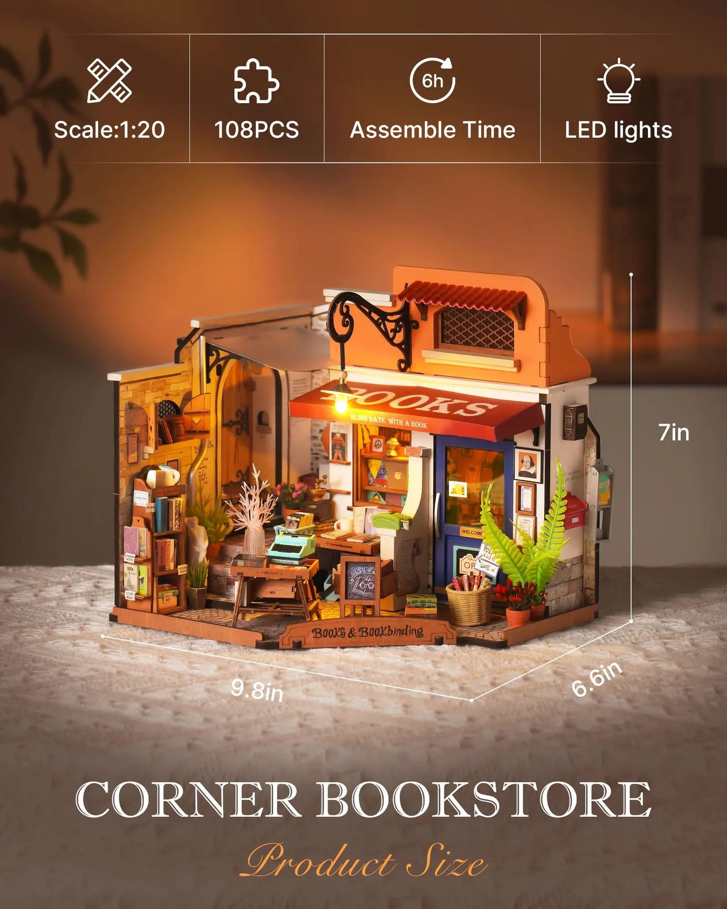 Robotime Miniature Dollhouse Kit Corner Bookstore With Led For DIY Craft