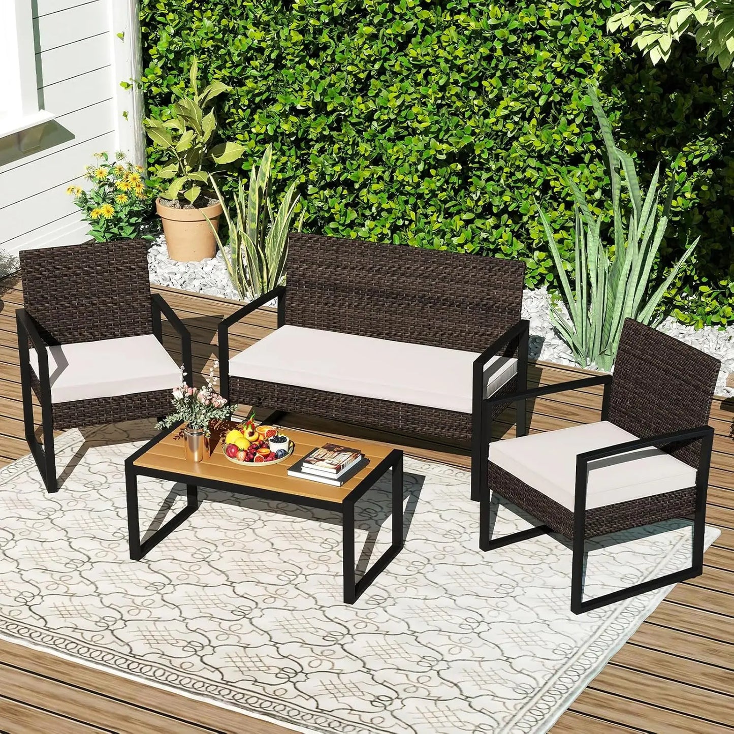 4 Piece Patio Furniture Set Rattan With Cushioned Chairs And Coffee Table
