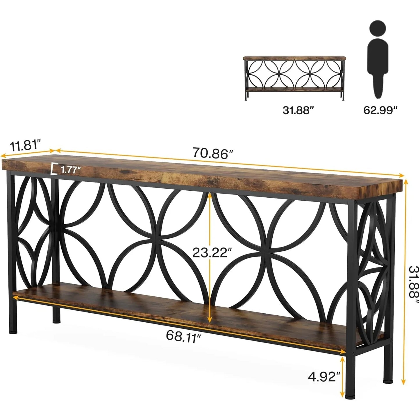 70.9 Inch Narrow Industrial Sofa Table With Storage for Entryway