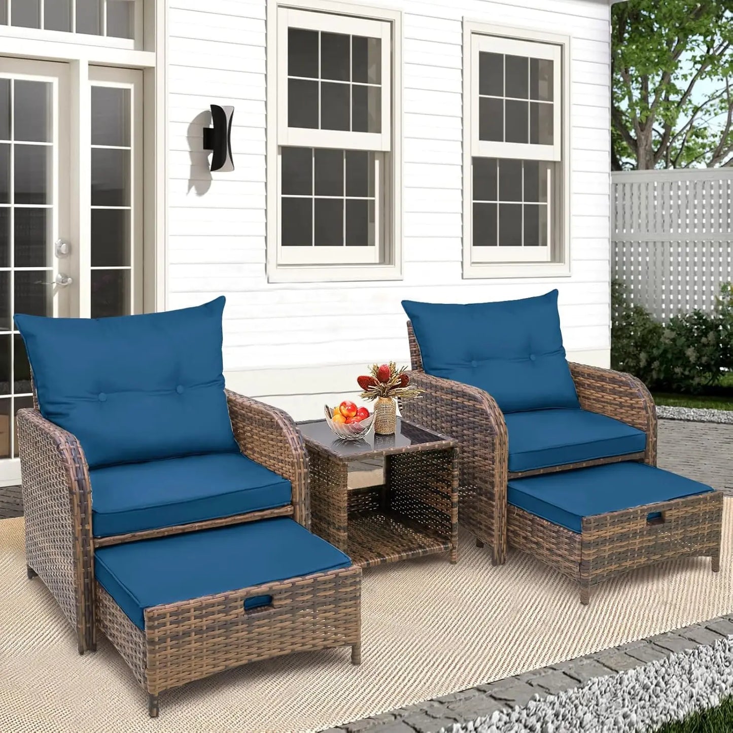 5 Piece Wicker Outdoor Patio Chairs With Ottomans All Weather PE Rattan Set