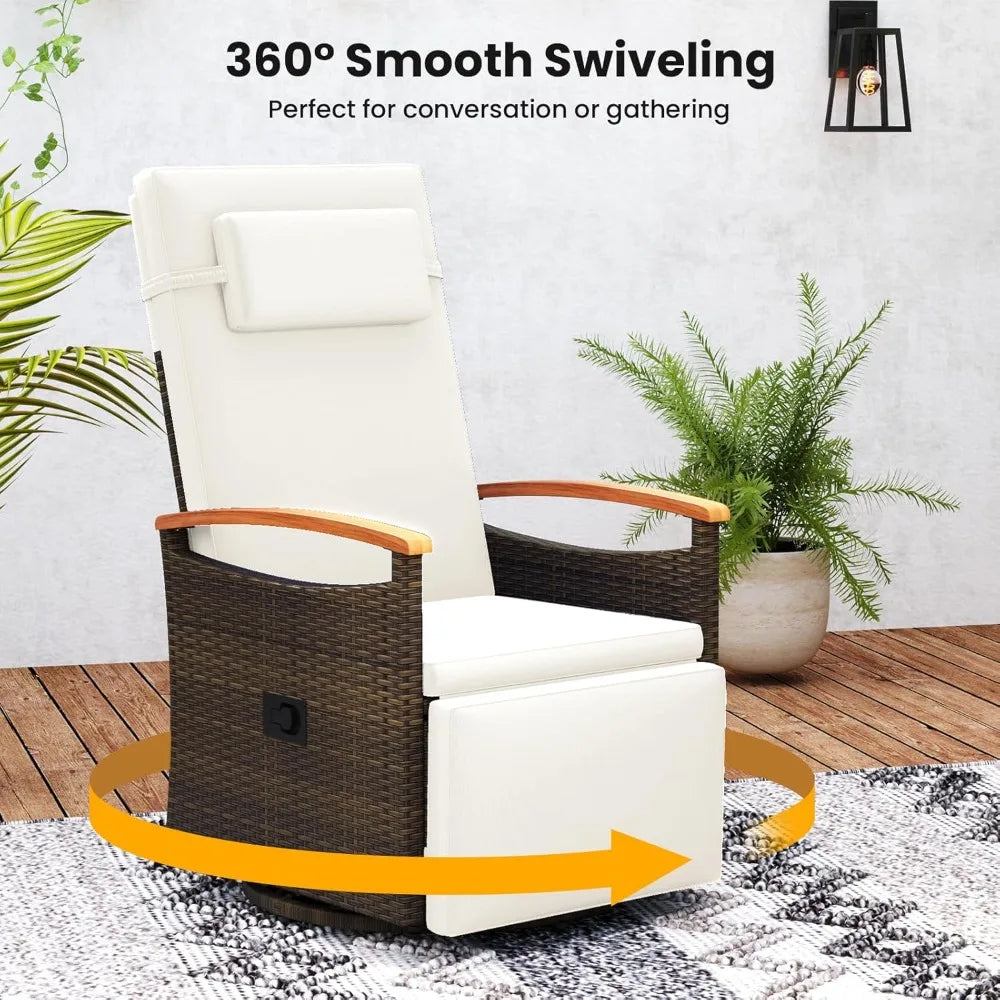 Swivel Recliner Chair Wicker Rattan Armrests Adjustable Back Flip Side Table