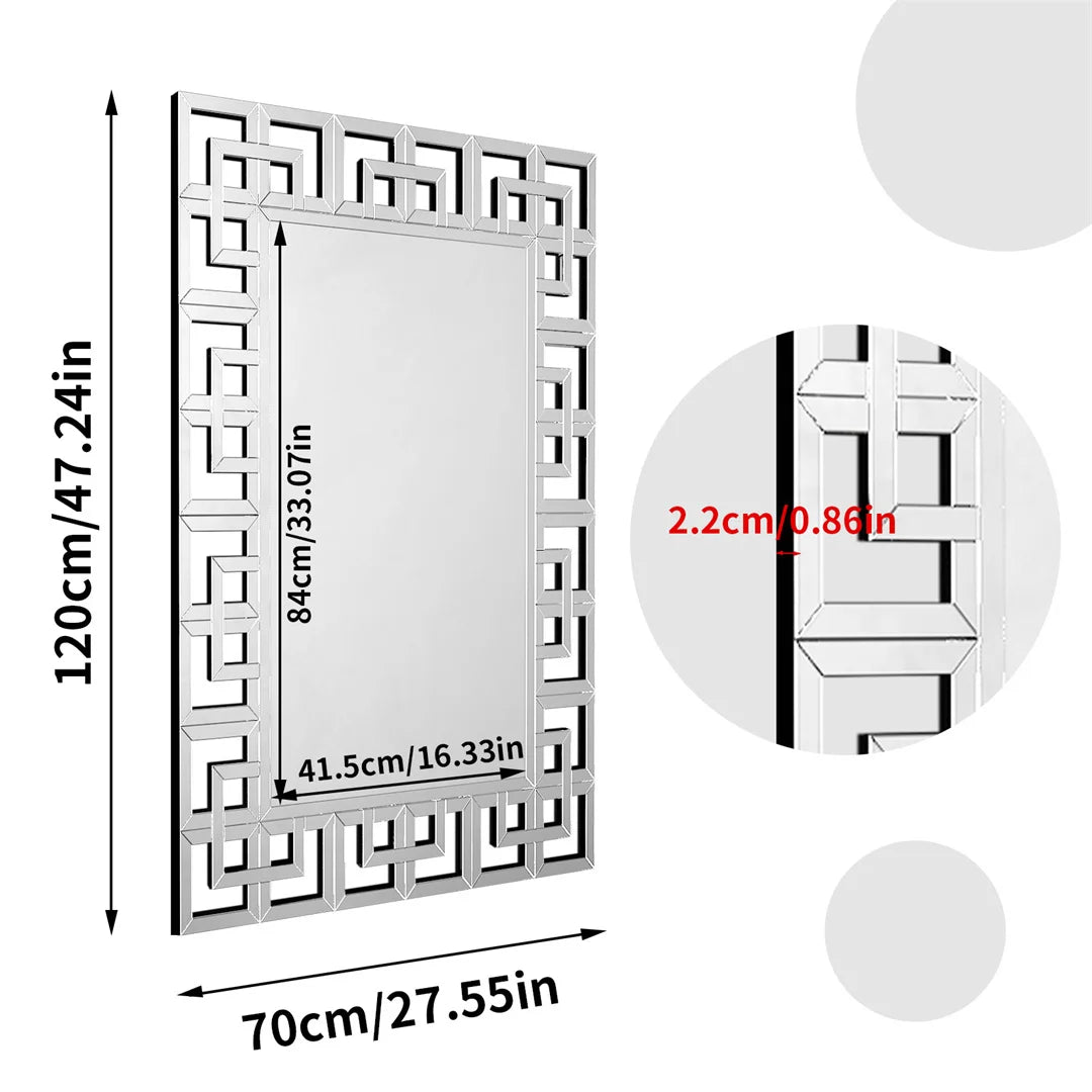 LUVODI 48 Inch Silver Wall Decorative Mirror Polished Hollow Out Accent Mirror for Hallway Living Room and Fireplace