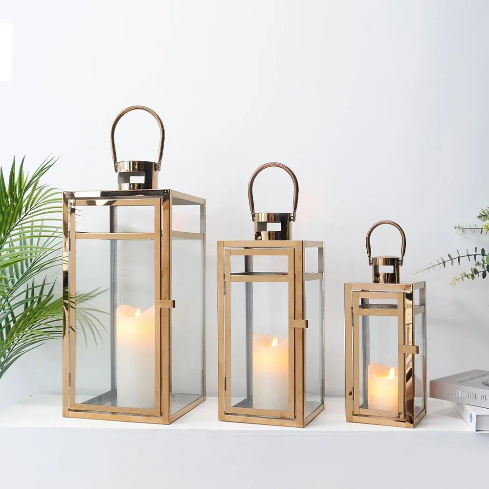 Set Of 3 Rose Gold Stainless Steel Candle Lanterns 19 Inch