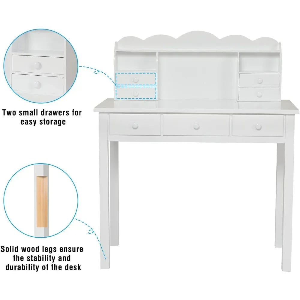 Writing Desk With 7 Drawers Home Office Hutch Pine Legs