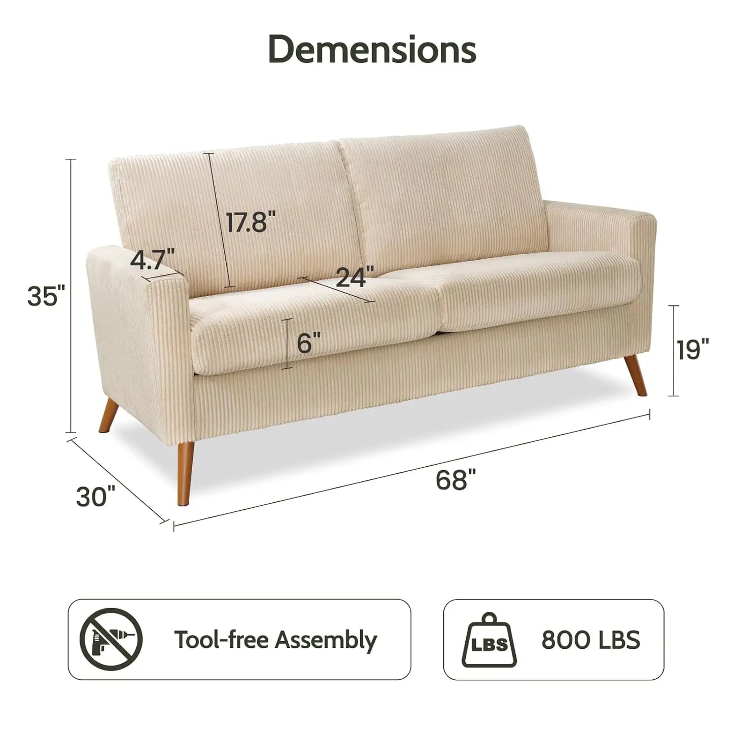68 Inch Beige Corduroy Loveseat Sofa Mid Century Modern Small Love Seat
