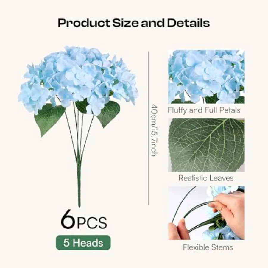 6 Bundles UV Resistant Faux Hydrangea Flowers Blue Outdoor Indoor Use 30 Heads