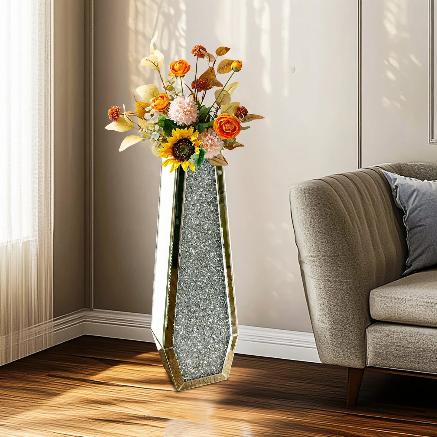 2 Shapes 68CM Crushed Diamond Decorative Mirrored Floor Vase Crystal Silver Glass Flower Vase for Pampas Grass and Artificial Flowers