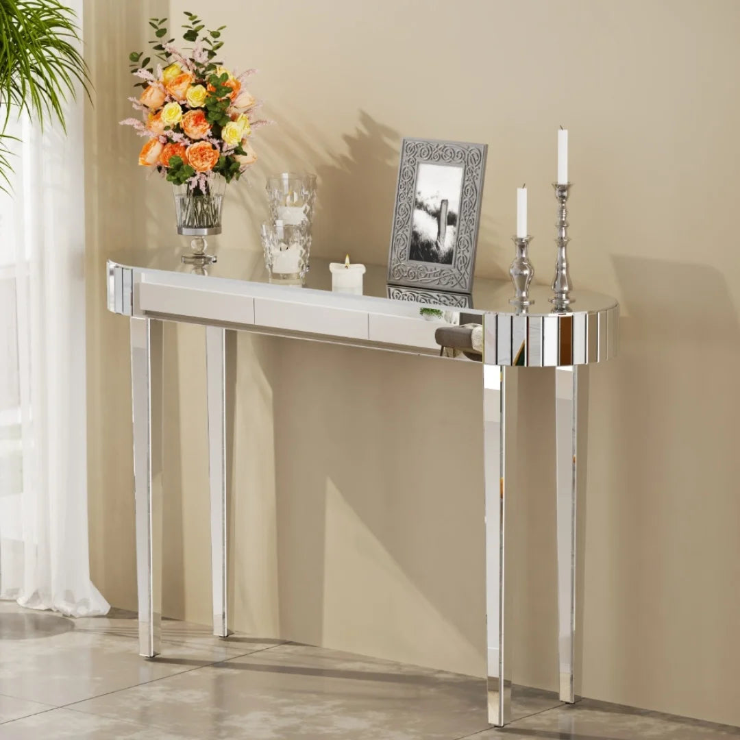 LUVODI Modern Glass Mirror Console Table Crushed Diamond