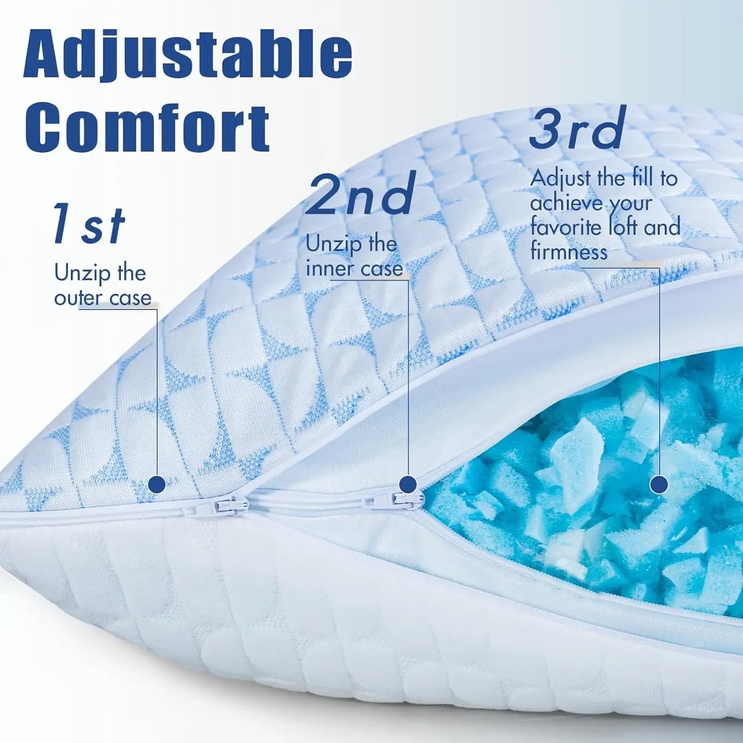 Shredded Memory Foam Pillows Queen King Size Set of 2 Firm Adjustable Cooling Pillow for Side Sleepers Supportive Fluffy Pillow