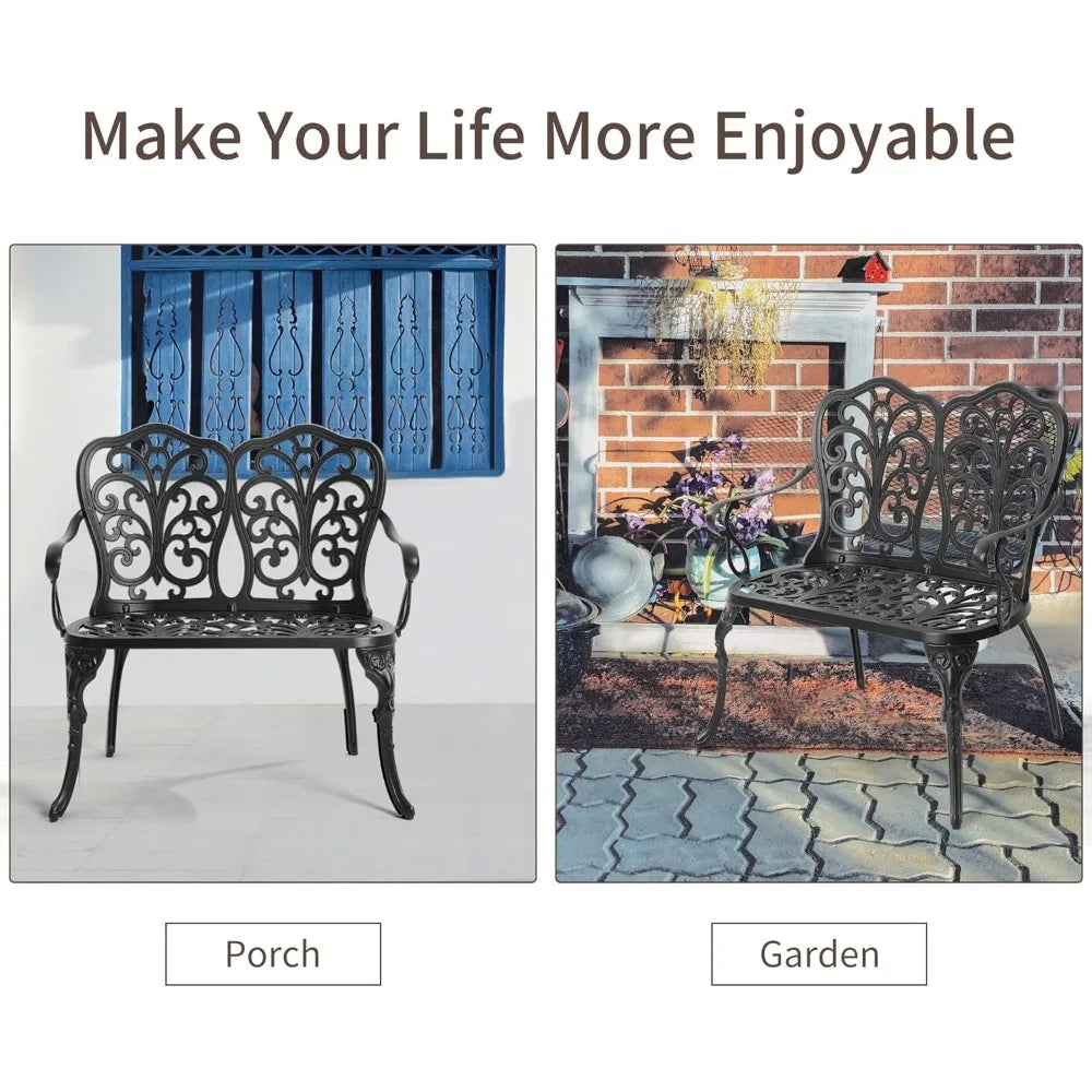 Cast Aluminum Outdoor Bench Patio Garden Loveseat Metal Bench For Front Porch Park Lawn Black