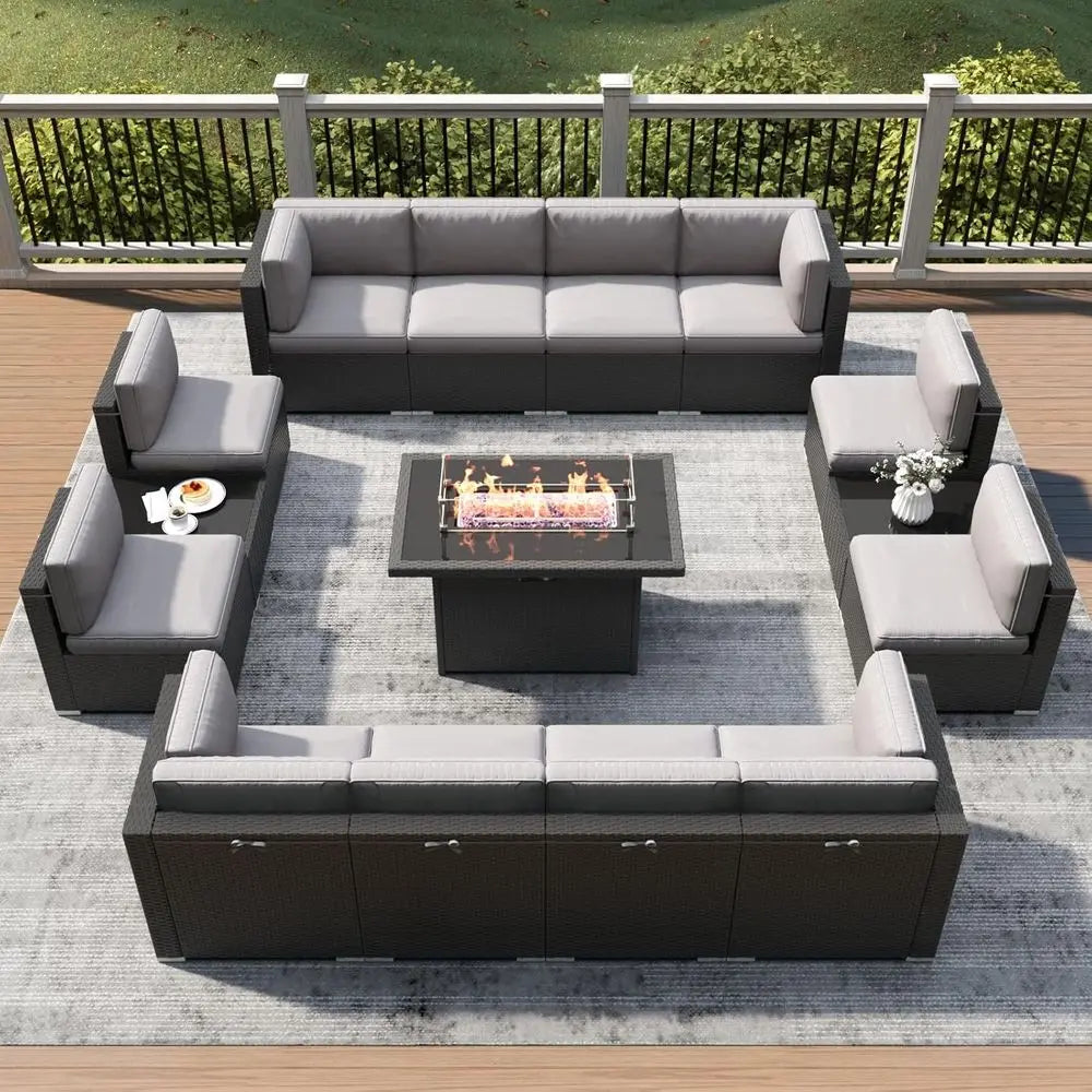 15 Piece Outdoor Patio Set With Fire Pit Table Rattan Wicker Sofa Coffee Table