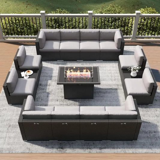 15 Piece Outdoor Patio Set With Fire Pit Table Rattan Wicker Sofa Coffee Table