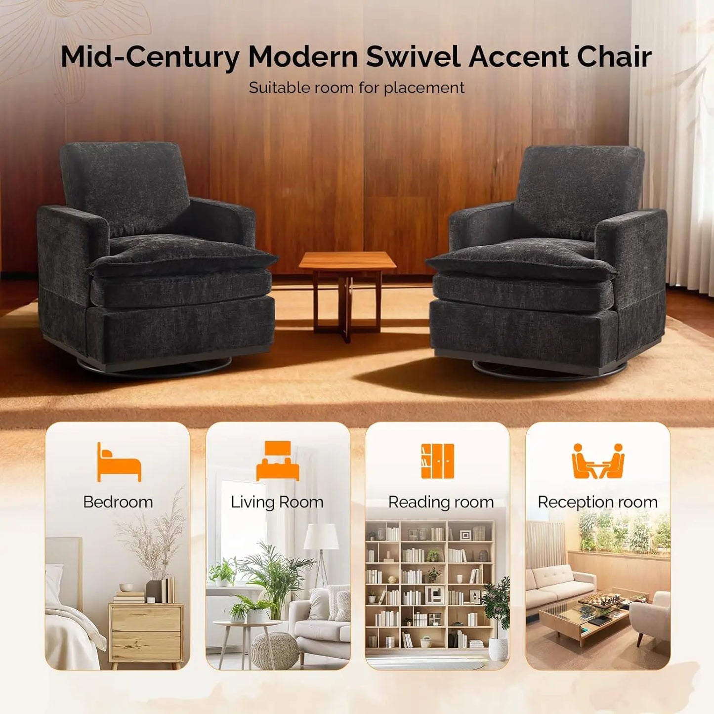 360 Degree Swivel Mid Century Modern Accent Armchairs Set Of 2 With Cushions