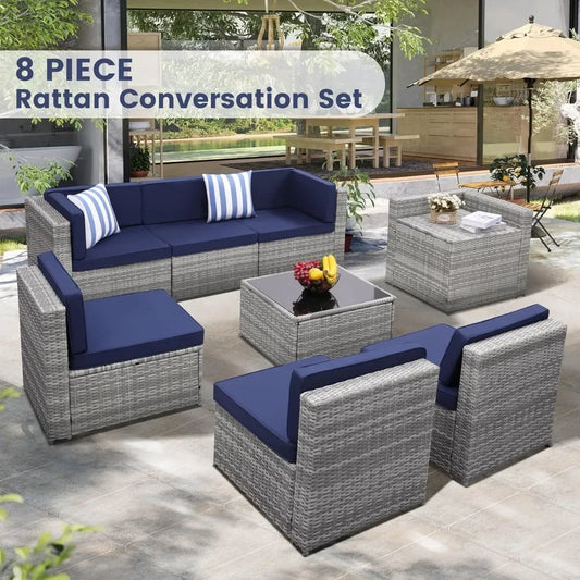 Eight Piece Outdoor Grey Rattan Patio Set With Glass Table And Hidden Storage