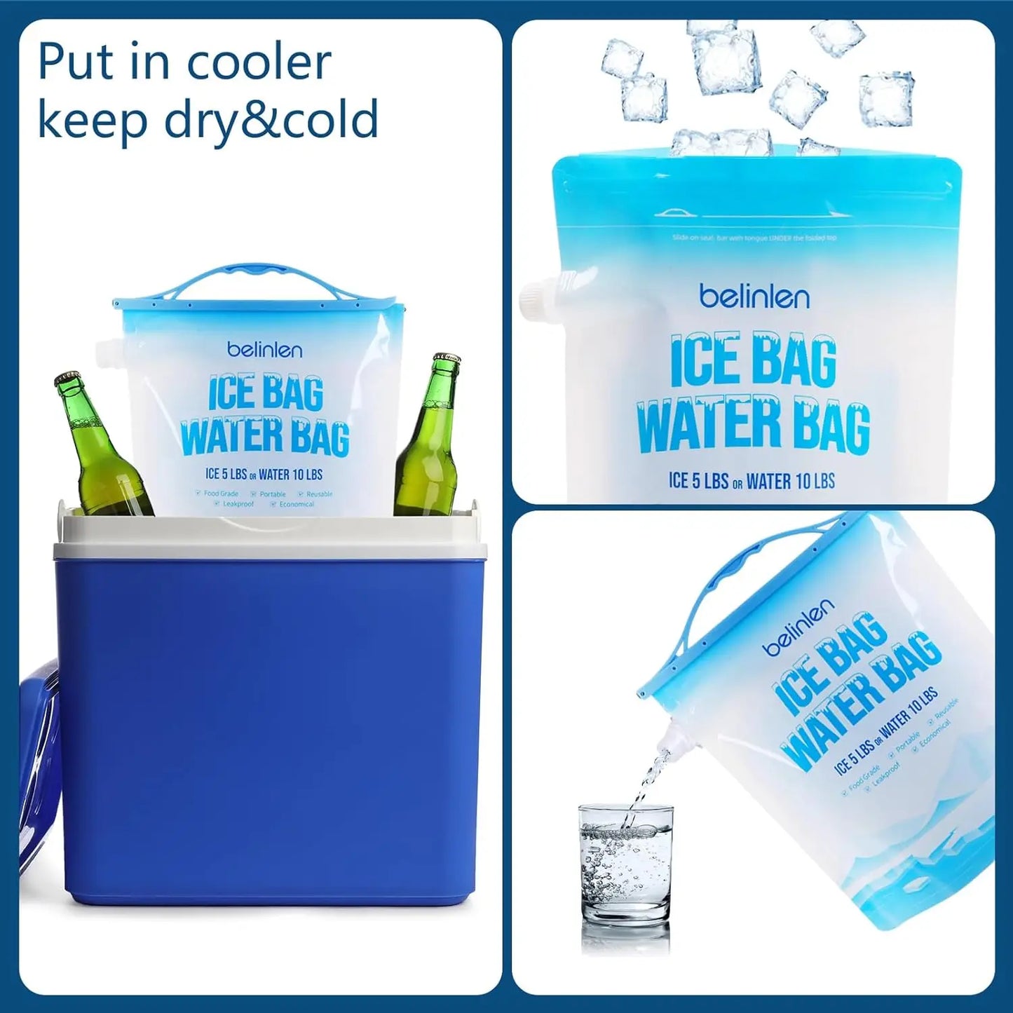 Reusable Ice Bags for Cooler 6 Pack With Sealed Sliding Handle for Camping