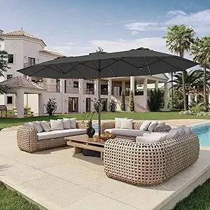 15Ft Double Sided Patio Umbrella With Base Included Large Outdoor Market Umbrella With Crank Handle UV Resistant Canopy Sturdy Alloy Steel Rectangular Aqua Blue