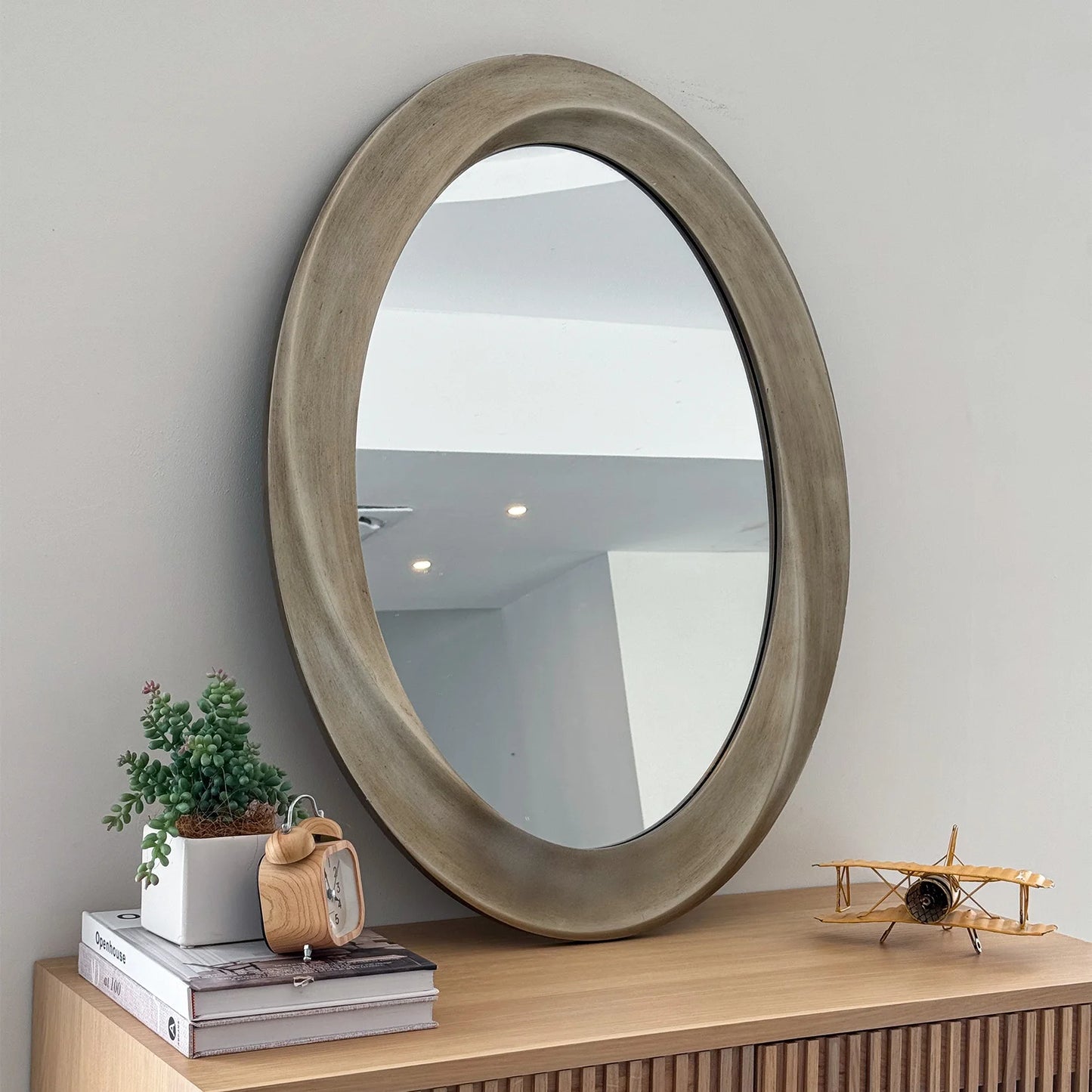 Large Oval Baroque Wall Mirror Silver Glass Vanity with Brass Edge Frame for Modern Minimalist Home Decor 32x24 Inch