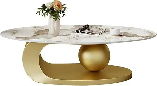 Modern Stone Coffee Table With Abstract Metal Base Center