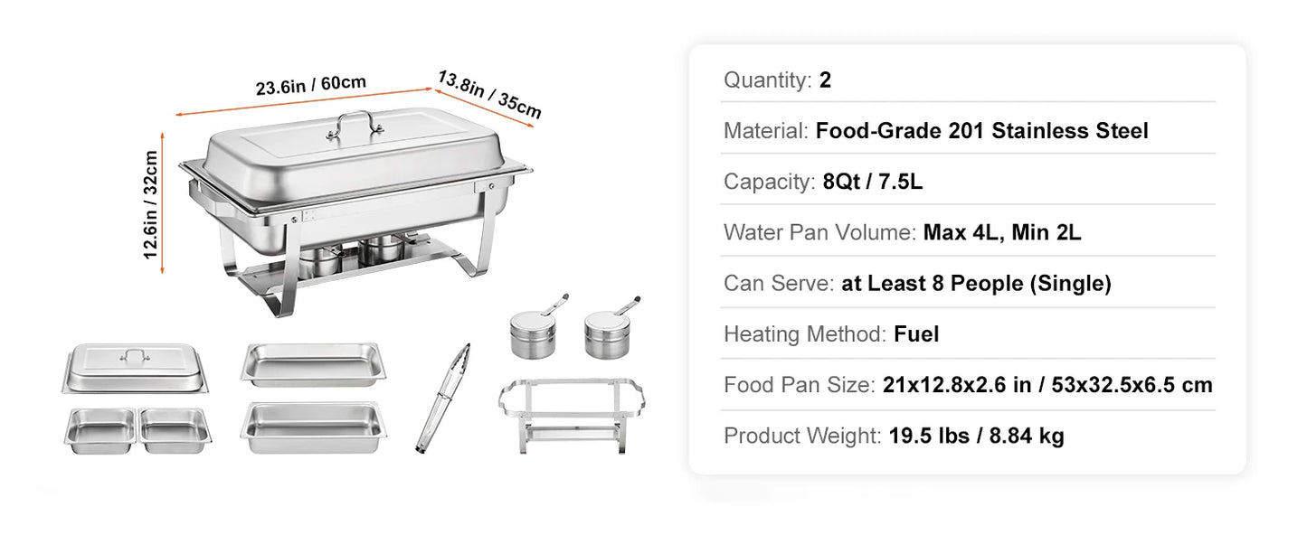 Vevor 8QT Rectangle Chafing Dish Set 4 Pack Stainless Steel Buffet Server Food Warmer Catering Equipment