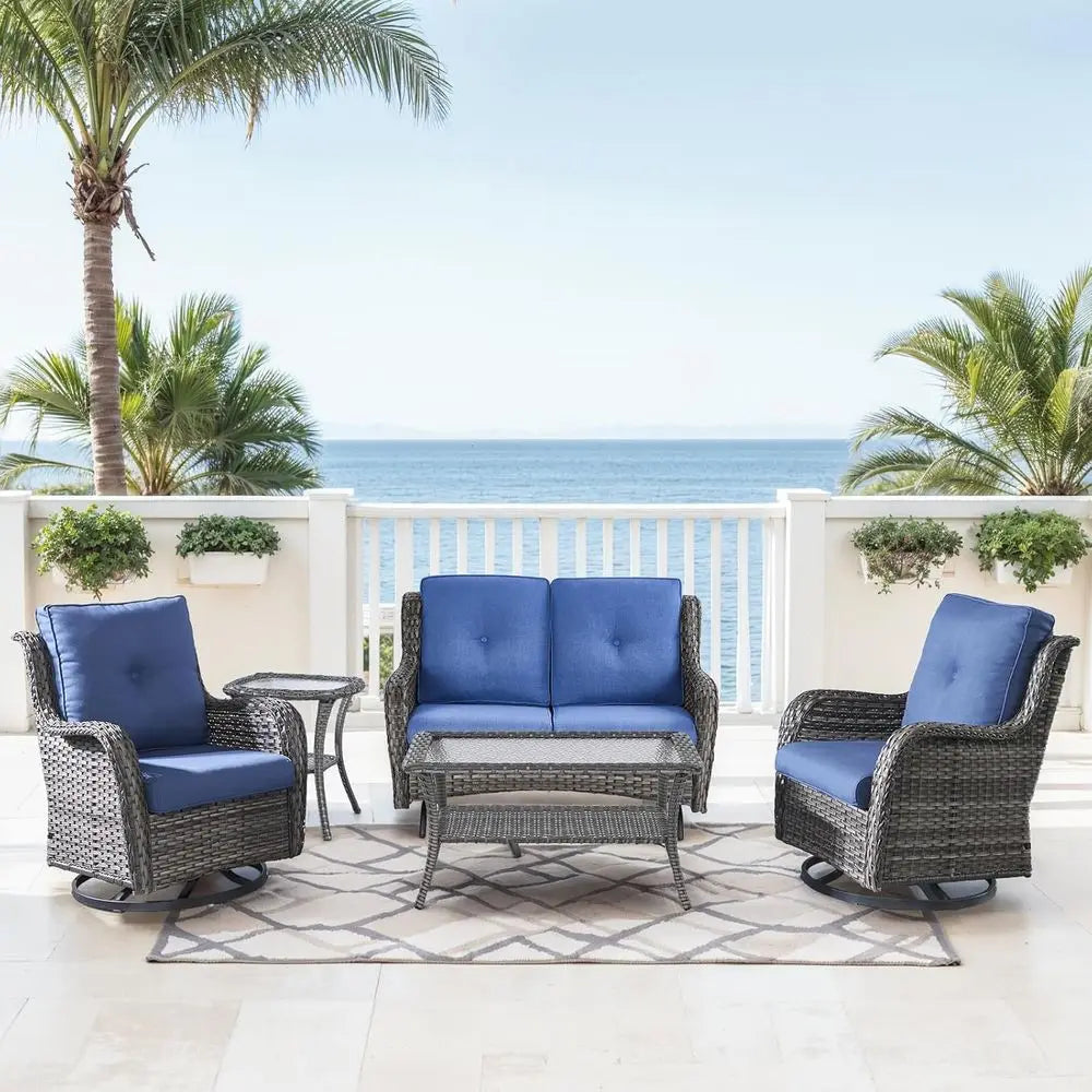 5-Piece Grey Wicker Patio Loveseat Glider Set with Blue Cushions and Swivel Chairs
