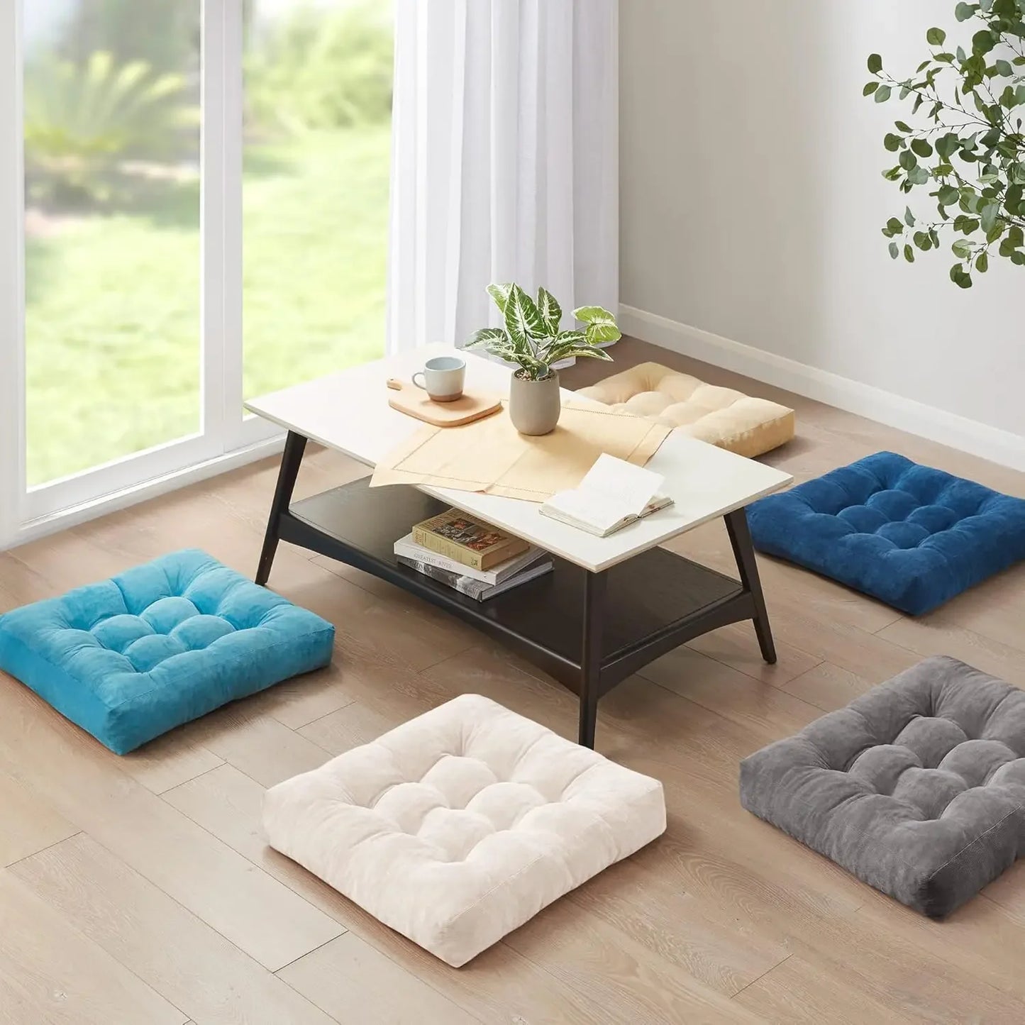 Floor Pillow Set of 2 Square Large Pillows for Adults Tufted Corduroy Cushion for Outdoor Balcony and Living Room